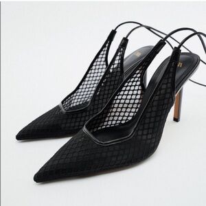 Zara Lace Up Black Mesh Slingback High Heel | Zara Black Pointed Toe Tie Closure